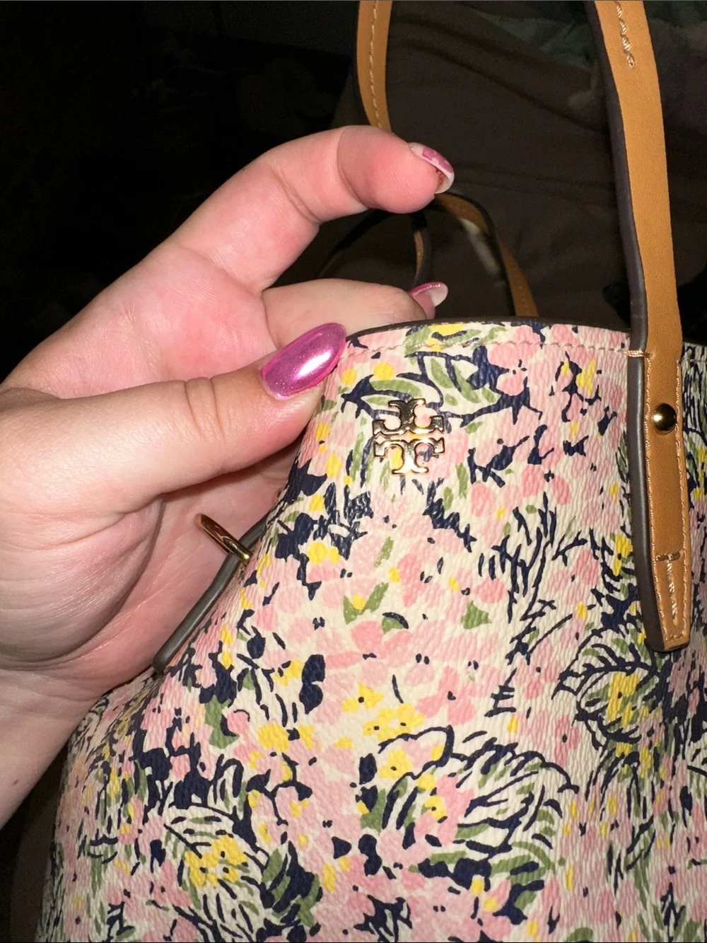 Tory Burch Pink Floral Tote with Tan Leather Trim